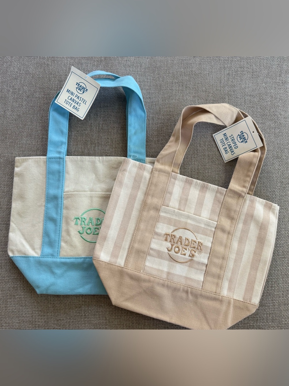 2 Trader Joe's mini Beige Striped Canvas and pastel blue Tote Bags